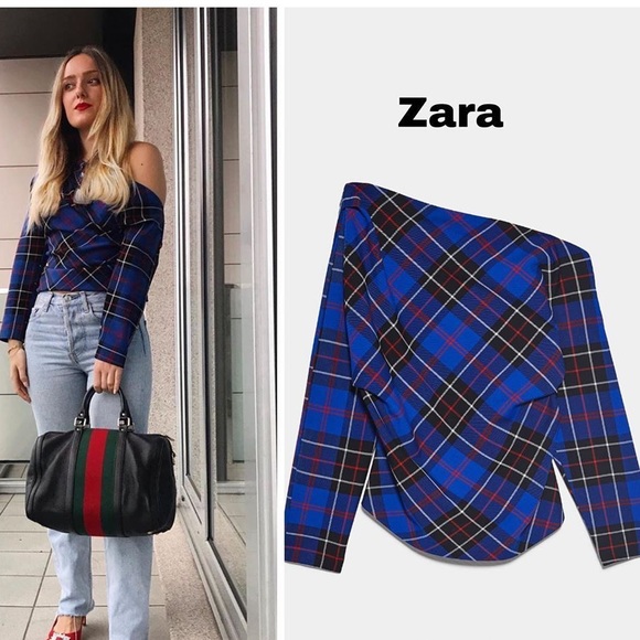 Zara Tops - Zara Blue Asymmetric Plaid Top Size Large *